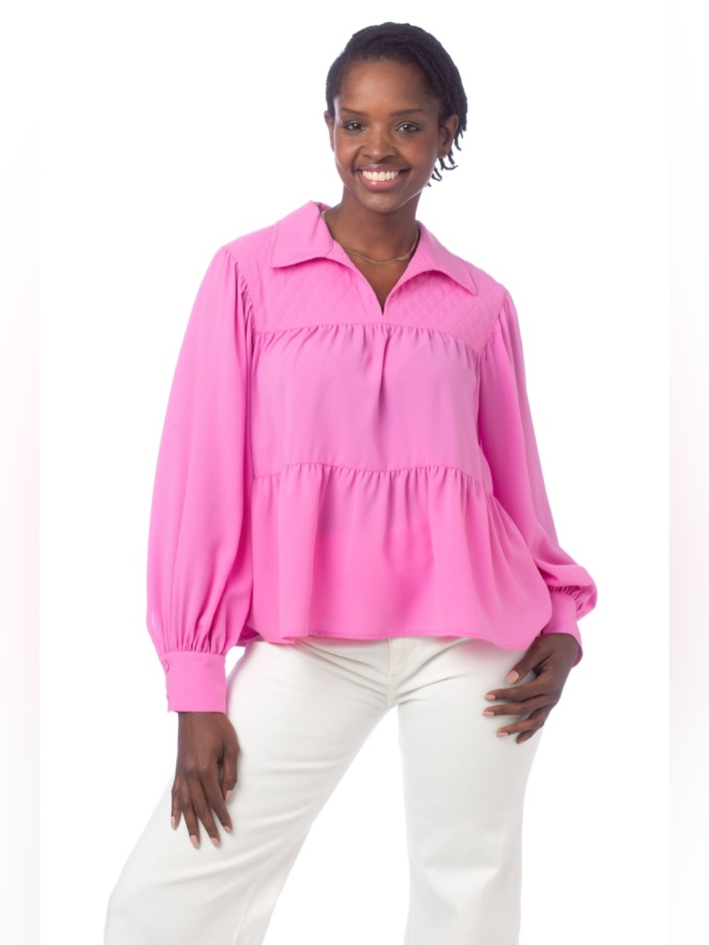 Crosby‎ by Mollie Burch Pink Quilted Yoke Peasant Blouse Josie Top Size XS